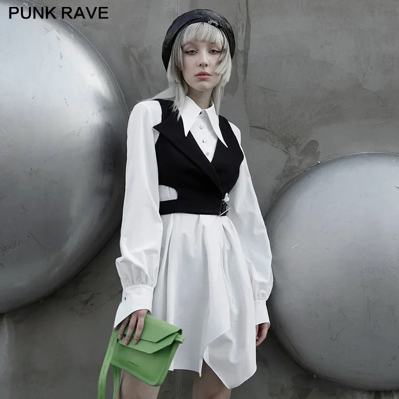 PUNK RAVE Women's Gothic Daily Asymmetric Hem Shirt Dresses Swallow Tail Shape Cuffs Long Sleeve Simple Women Dress