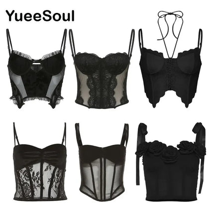 Top Corset en dentelle et maille pour femmes, mode Y2K, Sexy, rétro, mignon, doux, débardeur, noyau féerique, esthétique, été, sans manches, haut court, 2023