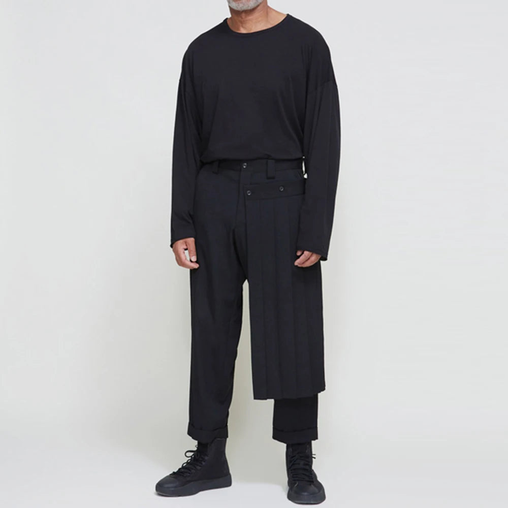 Men's Fashion Double Layer Skirts Pants New Trend Dark Deconstructed Pleated Trousers Straight Leg Pants Genderless Streetwear