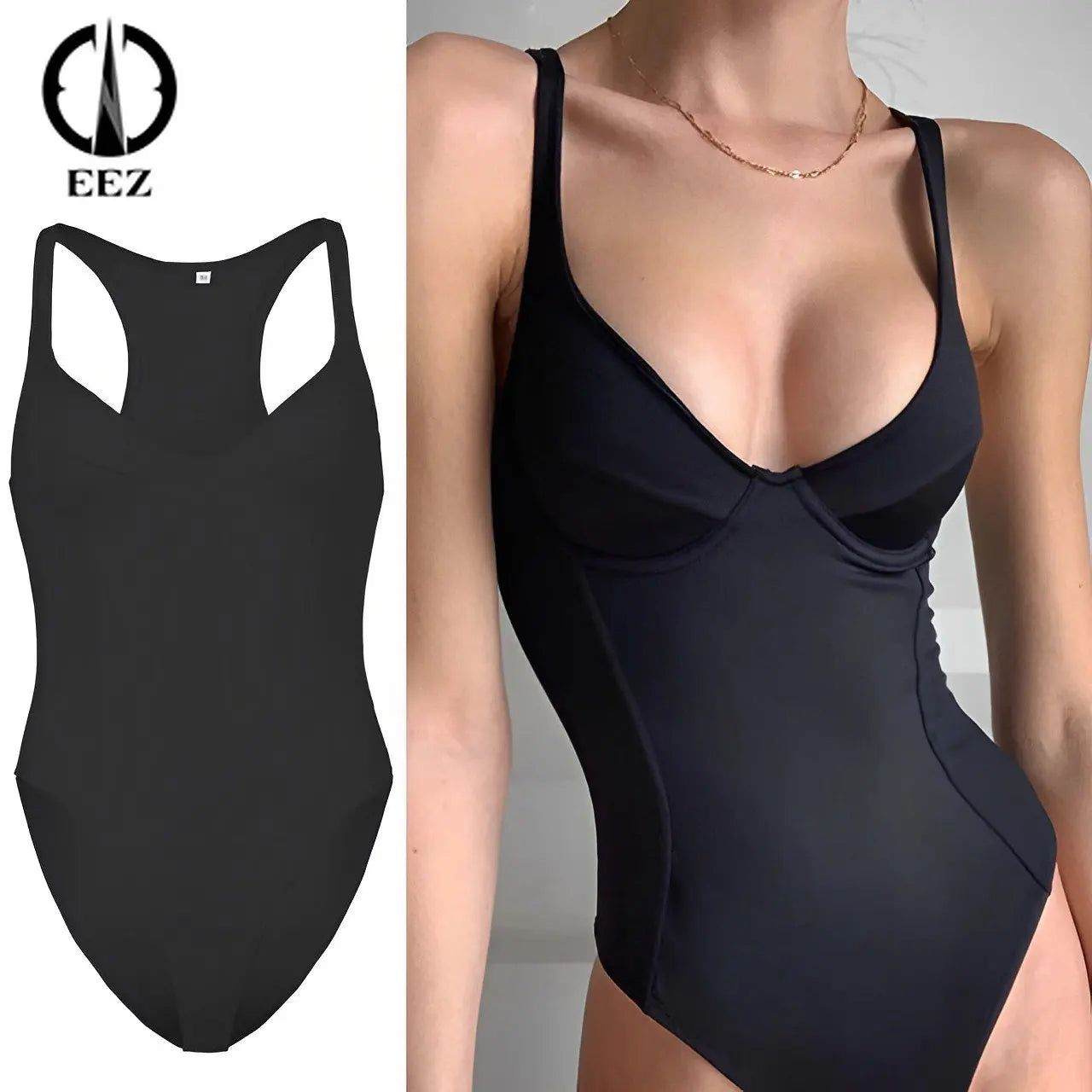 US-Euro Tight-fitting Womens Bodysuit Black Corset Top Sexy Low-necked Gymnastics Fitness Sleeveless One-piece Milkmaid Jumpsuit