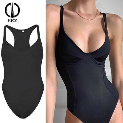 Body ajustado para mujer, Top con corsé negro, Sexy, de cuello bajo, para gimnasia, Fitness, sin mangas, mono de lechera de una pieza, EE. UU.-Euro