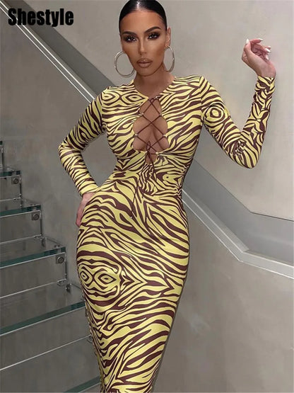 Shestyle Zebra Print Yellow Pencil Long Dresses Women V Neck Corss Hollow OUt Bandage Sexy Bodycon Party Wear Christmas Outfit