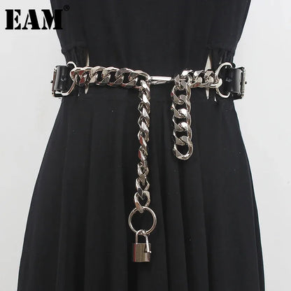 [EAM] Pu cuir noir épais chaîne en métal longue large ceinture personnalité femmes nouvelle mode marée tout match printemps automne 2024 1DD9566