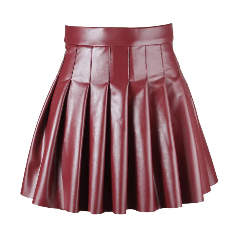 Womens  Leather Miniskirts High Waist Pleated A-Line Circle Skirt Rave Dance Bottoms Sexy Clubwear Fashion Skirts