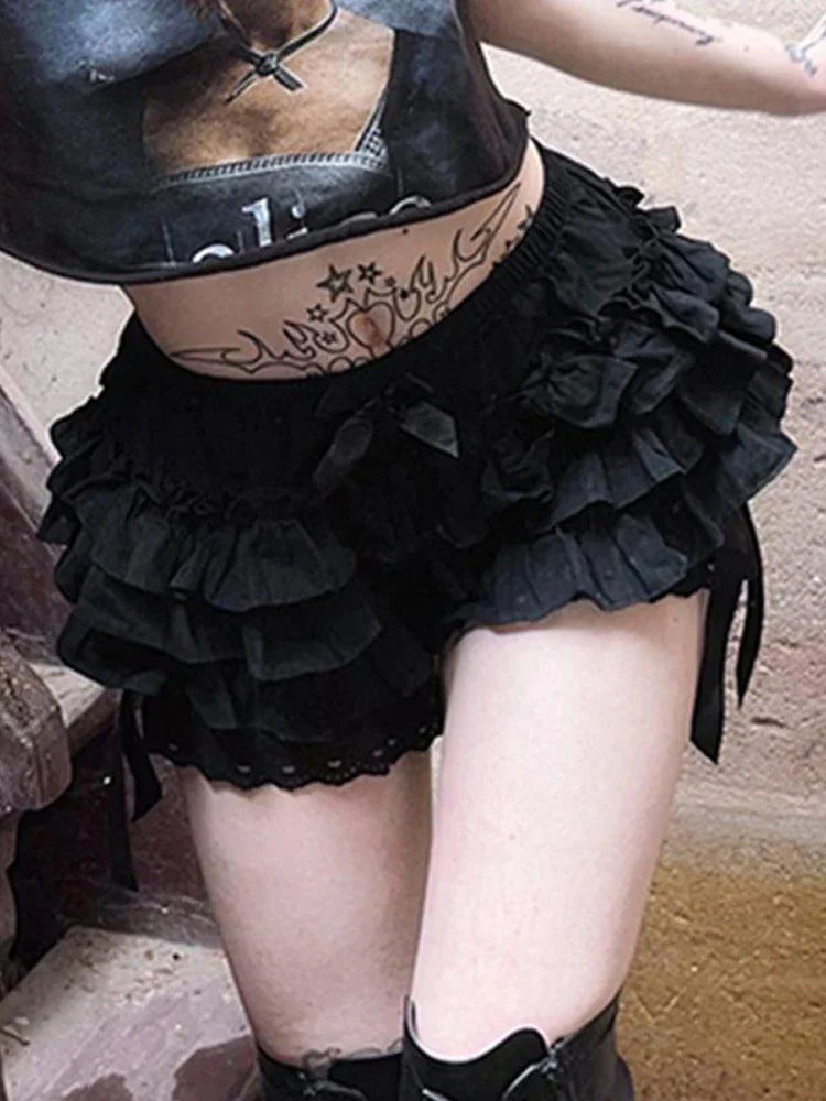 INSCUTEE Goth Hotsweet Skirt Shorts Women Aesthetic Streetwear High Waist Bow Lace Patchwork Shorts Y2k E-girl All-match Shorts