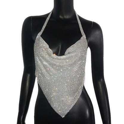 Y2K – débardeur col licou à paillettes et strass pour femmes, Camisole Sexy coupe basse, Chic, dos nu, Triangle, fête de Festival