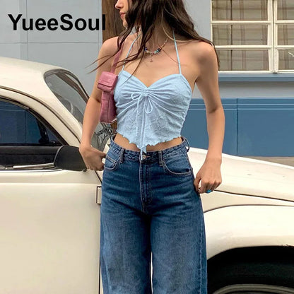 Blue Crop Tops 2023 Summer New Sleeveless Slim Casual Tank Top Fashion Cute Vintage Y2K Aesthetic High Street Women Clothes