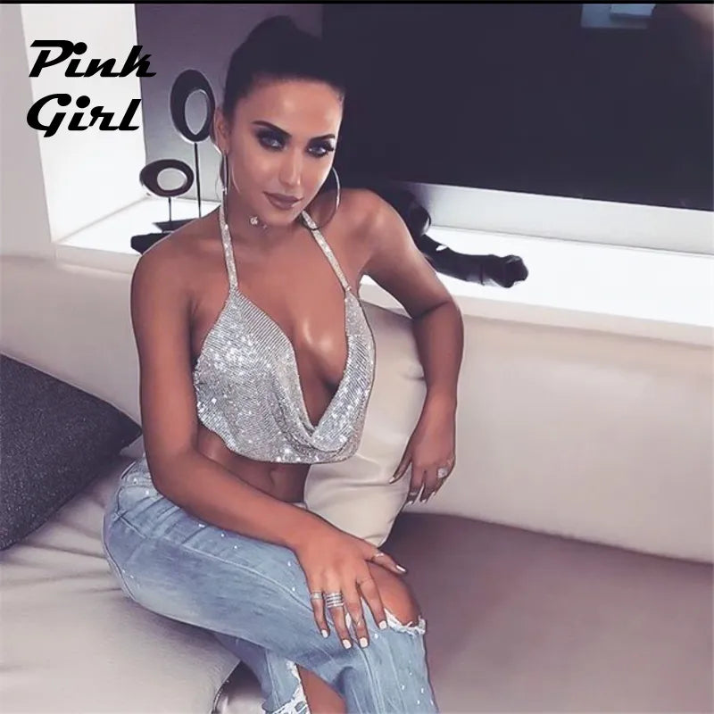 Y2K Shiny Rhinestone Sexy Deep V Mini Camisole Bar Nightclub Party Hot Girls Clothes Metal Mesh See-through Ultrashort Crop Top