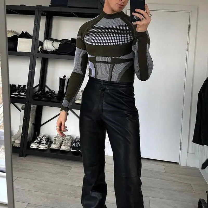 New Sexy Slim Bottoming Shirt Men's Tops Casual Elastic Tight Turtleneck Knitted T-shirt Large Size Male Clothing