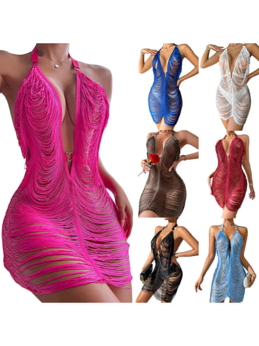 Robe courte Sexy à dos ouvert pour femmes, Mini robe d'été Sexy sans manches, col licou, ajourée, transparente, pour fête, plage, Club