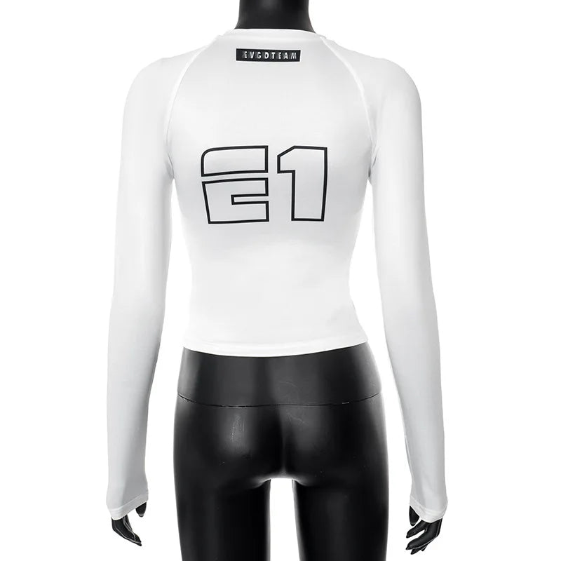 Goth Dark Moto Biker Printed Cyber Y2k White T-shirts Techwear Skinny Long Sleeve Women Crop Tops Gothic Punk Fashion Streetwear