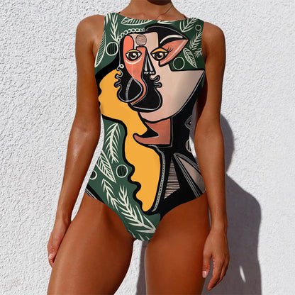 Woman Bikini Backless One Piece Monokini Swimwear Women Abstract Print O-Neck High Wide Straps Swimwears купальник пушап 2023