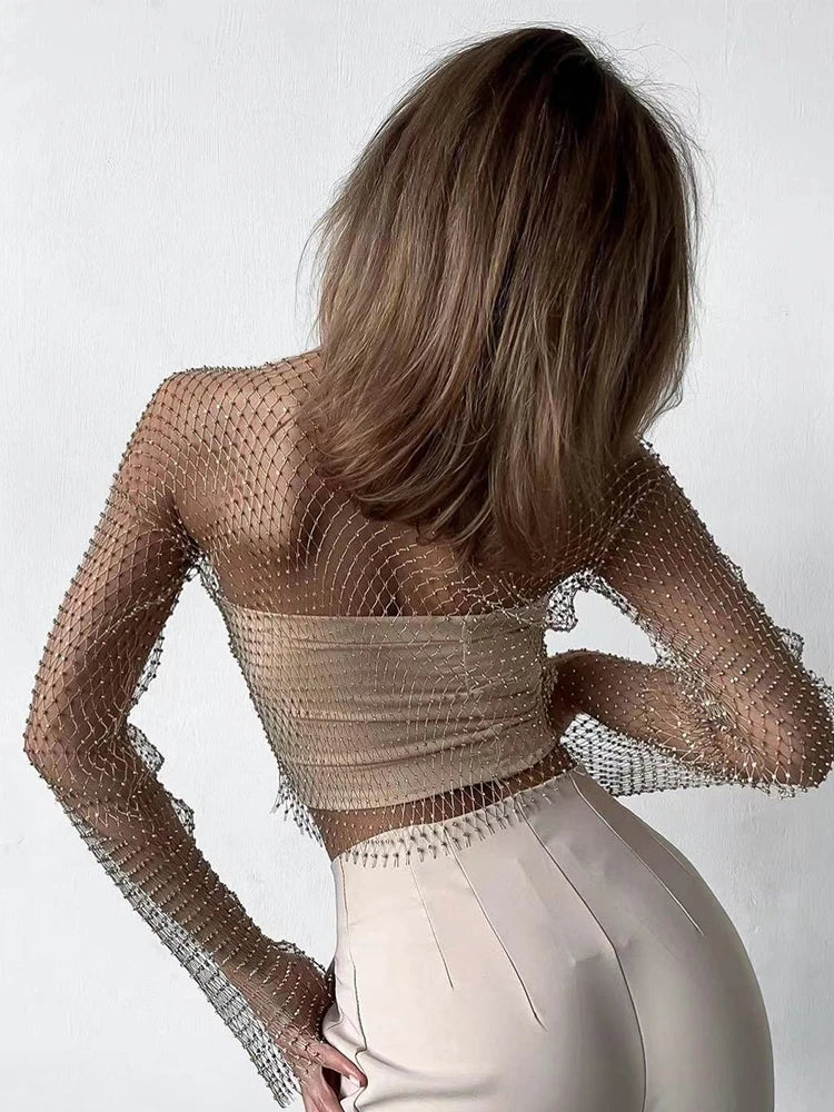 Camiseta transparente de malla para mujer, Top Sexy de rejilla con diamantes de imitación brillantes, Top corto con apertura, camisetas sin mangas de manga larga para playa y fiesta