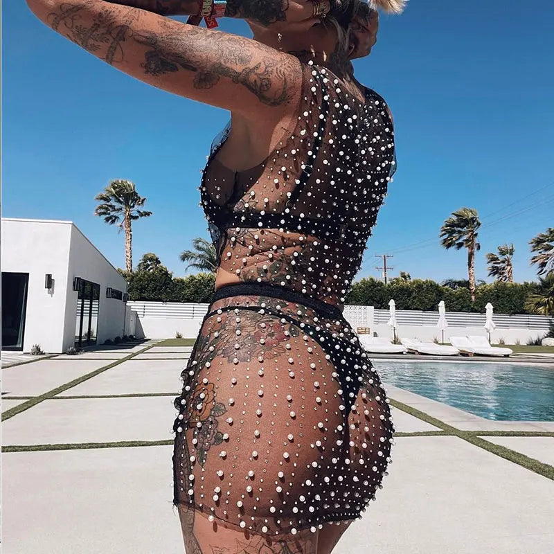 Two Piece Sets Pearl Mesh Streetwear Summer Shorts For Womens Outifits  Fishnet See Through Crop Top Mini Transparent Skirt