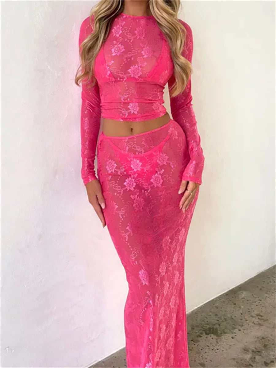 wsevypo See-Through Lace Floral Mesh Sheer Dress Sets Women Sexy Beach Suits Long Sleeve Crop Tops+Midi Waist Long Skirts Sets