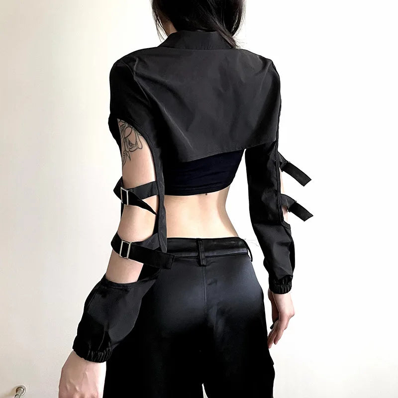 Goth Dark ajouré Techwear mode Cargo Cardigans Cyber ​​gothique fermeture éclair Sexy vestes courtes Y2k Punk col roulé haut