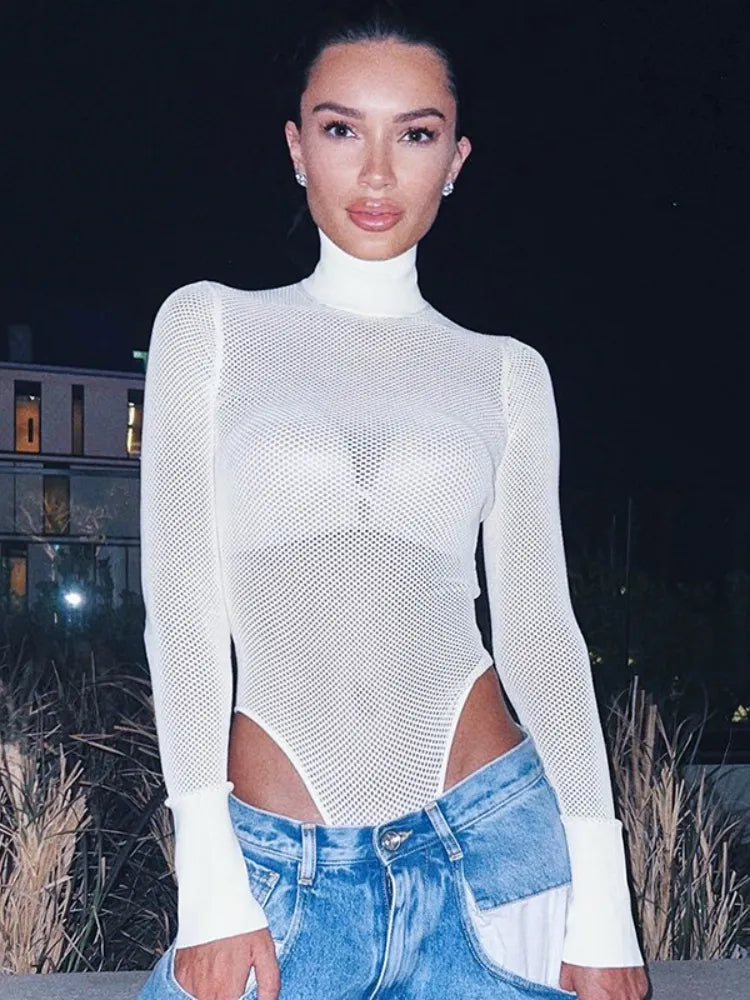 See Through Sexy Bodysuit Lingerie White Jumpsuit Women Y2k Clothes Turtleneck Body Feminino Mesh Rave Outfit One-Pieces Bustier