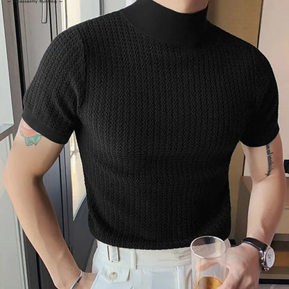 2023 Summer Tight Knited T-shirt Casual Streetwear High-neck Solid Color Short-sleeved Bottoming Tees S-3XL Luxury Clothing