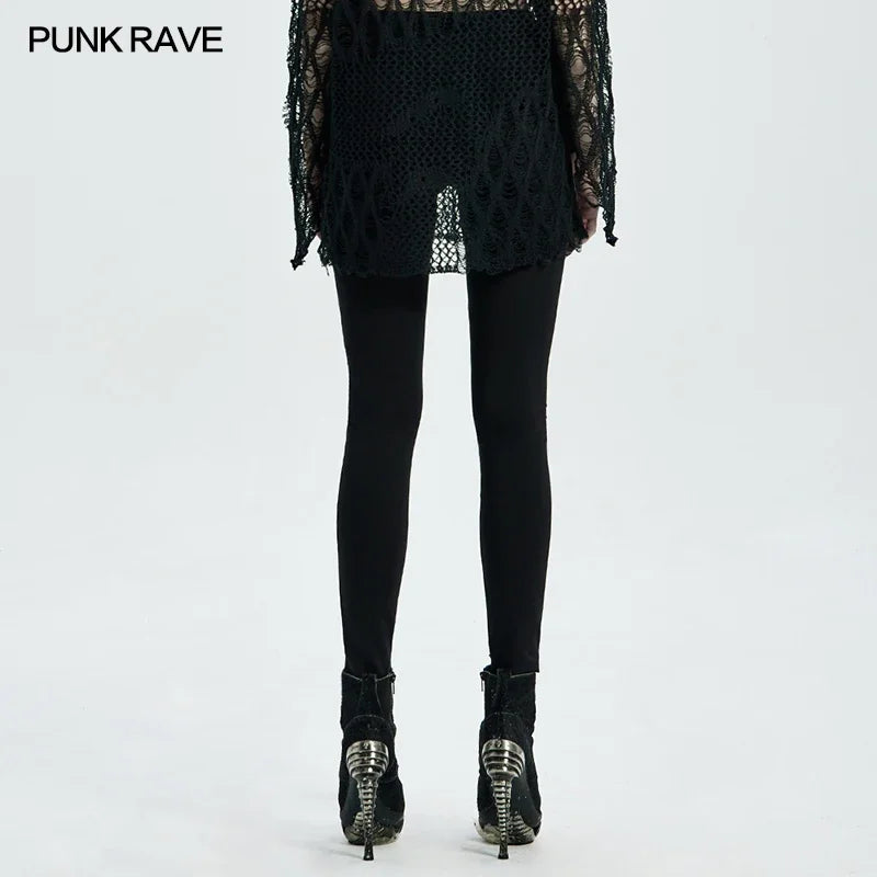 PUNK RAVE Women's Gothic Architecture Black Leggings Fashion Personality Perspective Mesh Elastic Band Trousers Streert Wear