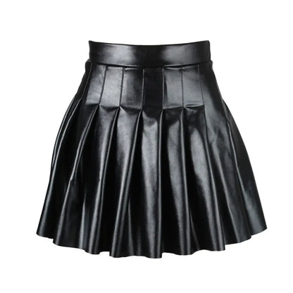 Womens  Leather Miniskirts High Waist Pleated A-Line Circle Skirt Rave Dance Bottoms Sexy Clubwear Fashion Skirts