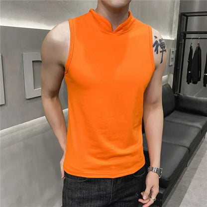 Chaleco Sexy de verano para hombre, camiseta interior deportiva transpirable con cuello alto pequeño, camiseta interior ajustada Sexy sin mangas