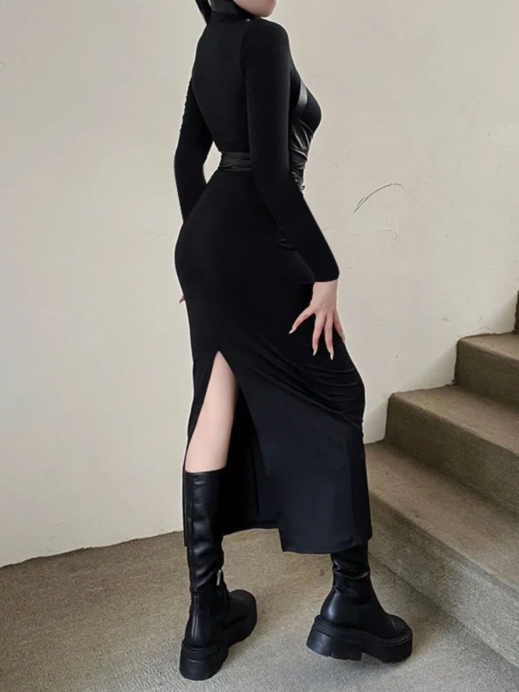 WeiYao Kusa Bundle Bodycon Dress for Women Punk Rock Dark Black Tight Sexy Dress Party Club Halloween 2023 Autumn Fashion Robe