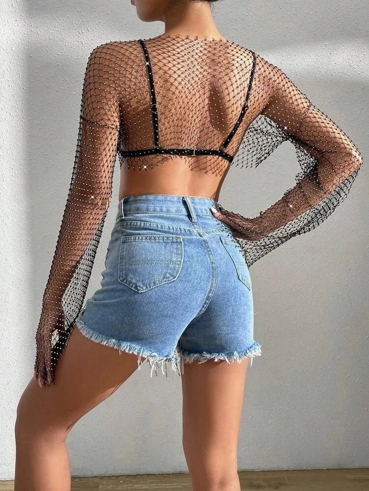 Women See Through Mesh Diamonds T Shirt Sexy Hollow Out Fishnet Rhinestone Full Sleeve Loose Tops Beach Party Bikini Cover Up