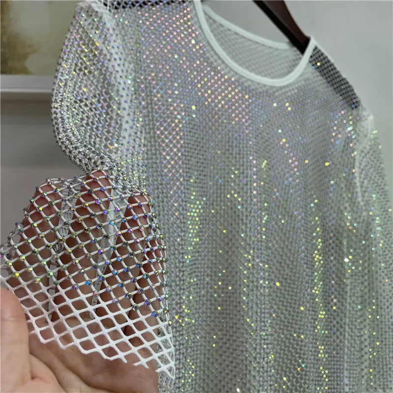 ColorShiny Diamants Électrique syllabe Chemise De Base Dames Tempérament Mince Cristal col rond à manches mi-longues Sexy Fête Haut De Club