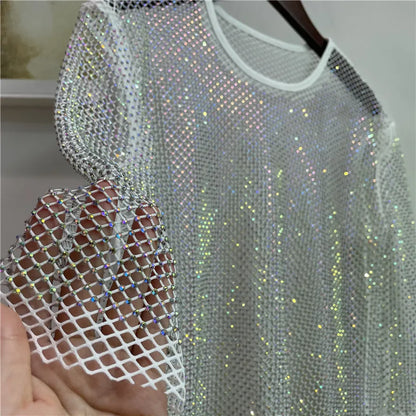 ColorShiny Diamonds  Electric syllable  Basic Shirt Ladies Temperament Slim Crystal round Neck half-Sleeved Sexy Party Club Top