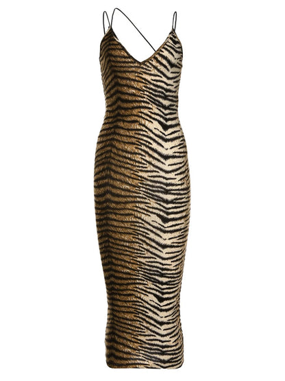 Shestyle tigre imprimé Spaghetti sangle longue robe femmes moulante Sexy col en V Animal fête Clubwear robes crayon été printemps