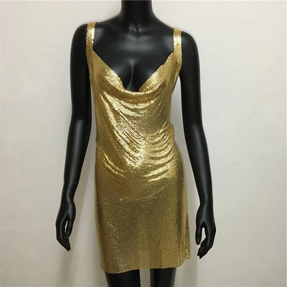 Women Soild Color Metallic Mini Dresses Backless Sexy Night Club Outfits Female Fashion Low Cut Gown Festival Party Short Dress