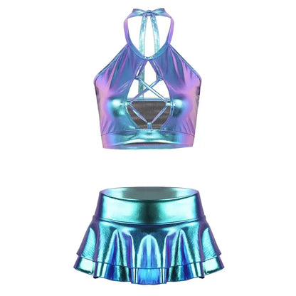 Women Pole Dance Clothing Shiny Metallic Rave Festival Outfit Halter Crop Top Bra Vest With  Faux Leather Fantasy Mini Skirt Set