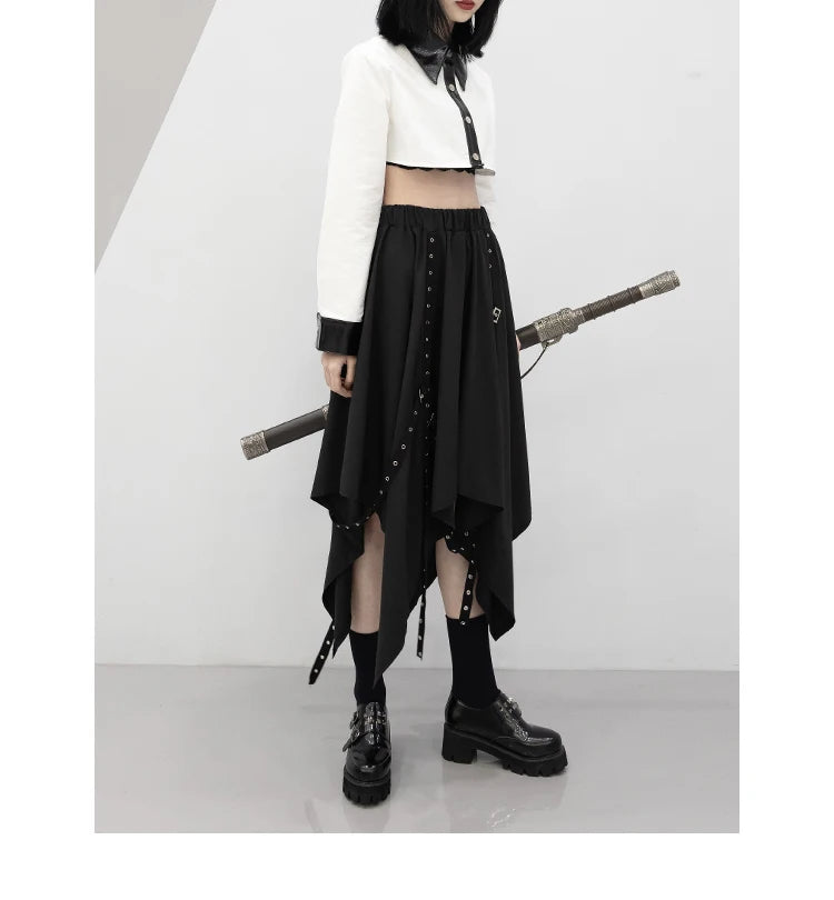 Long Skirt Irregular Skirt Girl's New Dark Tie Street Punk Wind Weave Buckle Medium-length Y2k Gothic Skirt