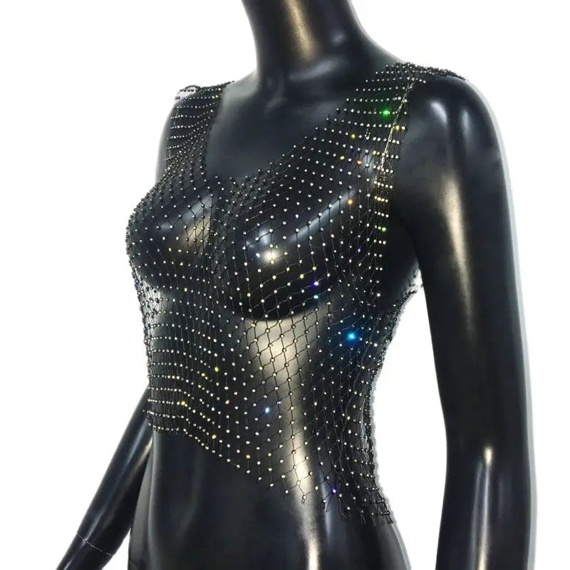 Top corto de rejilla con purpurina y diamantes de imitación para mujer, camiseta Sexy de malla calada transparente para playa Y2K, camisetas sin mangas con diamantes de cristal para fiesta Rave y Club