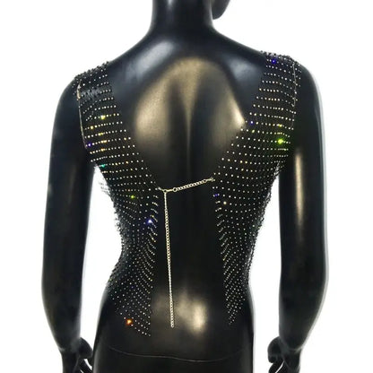 Top corto de rejilla con purpurina y diamantes de imitación para mujer, camiseta Sexy de malla calada transparente para playa Y2K, camisetas sin mangas con diamantes de cristal para fiesta Rave y Club