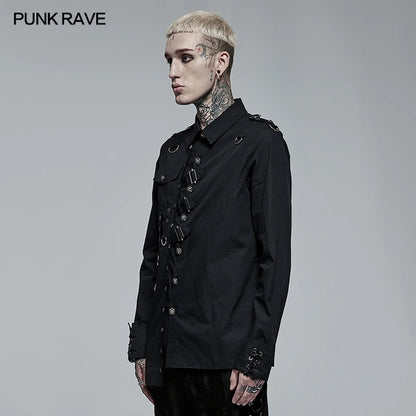 PUNK RAVE hommes Punk personnalité chemise asymétrique doux mince Cool hommes vêtements quatre saisons décontracté chemises noires