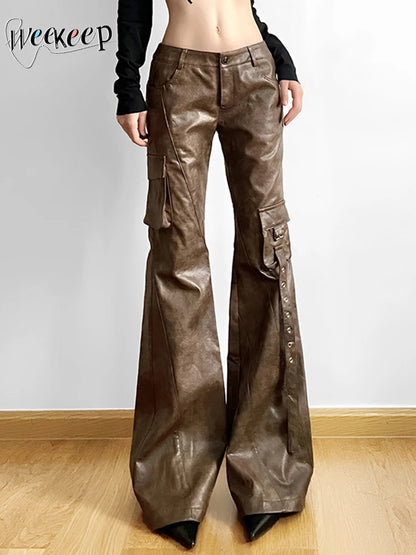 Weekeep Vintage Brown Leather Pants Grunge 2000s Low Rise Pockets Patchwork Baggy PU Cargo Pants Women y2k Streetwear Trousers