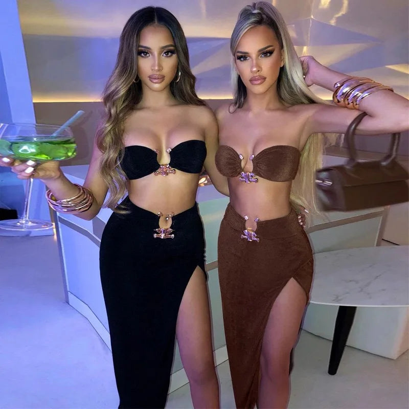 044 Velvet Strapless Crop Top Summer Sexy Slit Maxi Dress High Waist Two Pieces Suits Women Fashion Streetwear