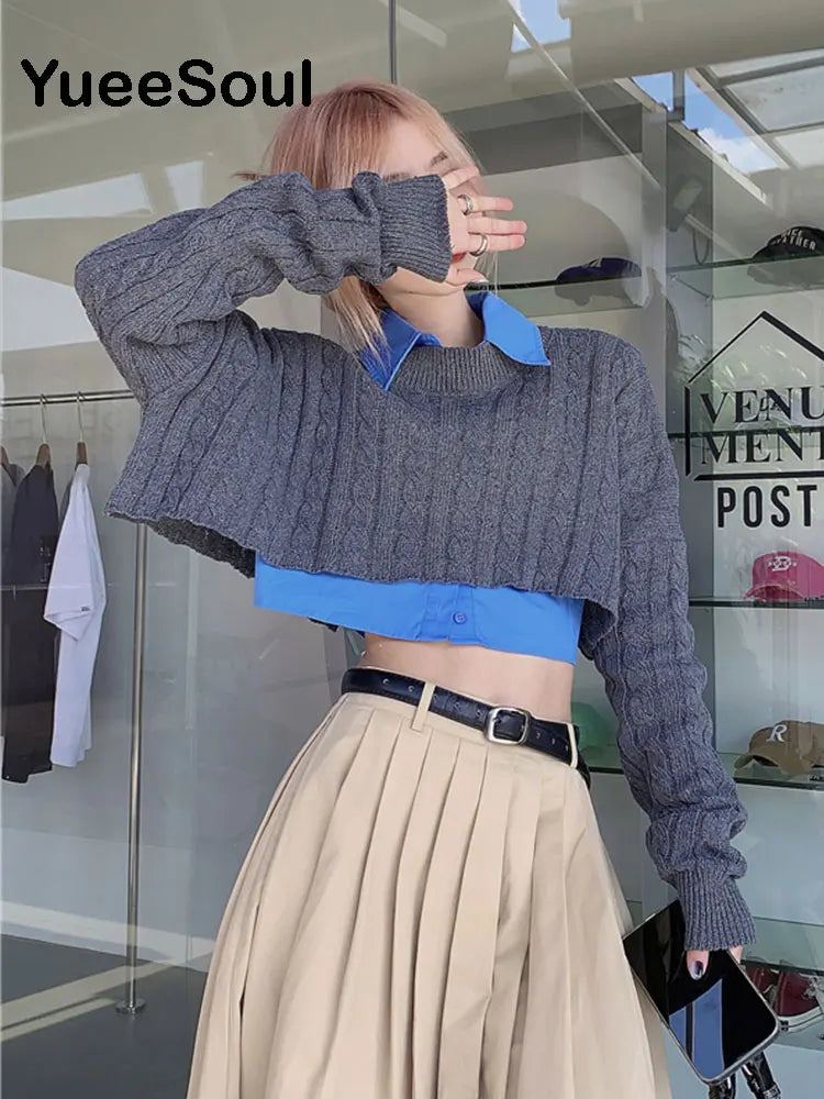 Extreme Short Women Sweater Solid Color Long Sleeve Knit Crop Tops 2022 New In Y2K Aesthetic Casual High Street Female Jumper