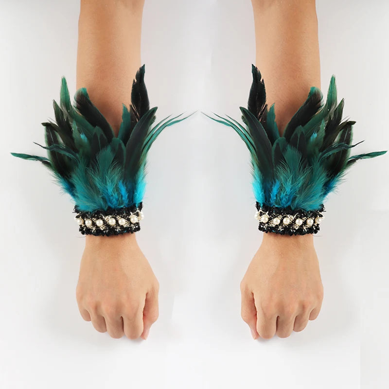 2pcs Lace Feather Wrist Cuffs Black Real Natural Dyed Rooster Feather Arm Warmers Party Cosplay Costume Accessory Feather Gloves