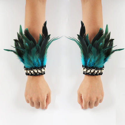 Manchettes en plumes de coq noires, 2 pièces, manchettes en plumes de coq teintes naturelles, chauffe-bras, accessoire de Costume de Cosplay de fête, gants en plumes