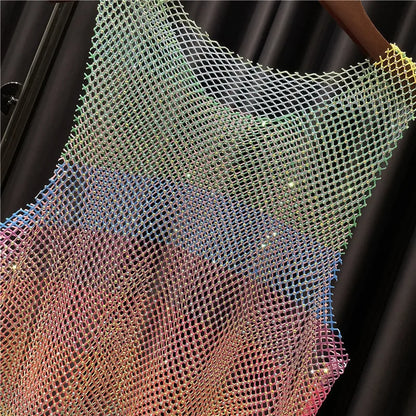 Women&Men Neon Crystal Colorful Rhinestones Shiny Sexy Y2K RainbowTank Tops Party Club Sexy See Mesh Hollow Out  65cm long