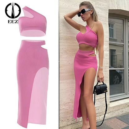 【2 Piece Set】Women's Threaded Knitted One-shoulder Corset Short Top + High Waist Irregular Cut Out Midi Skirt Elegant Outfit