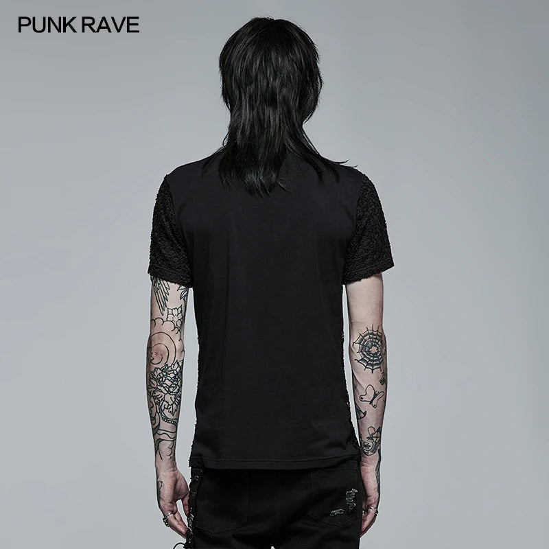 PUNK RAVE Men's Gothic Daily Personality Stylish Mesh V-neck Short Sleeve T-shirt Slim Fit Black Tops Spring Summer