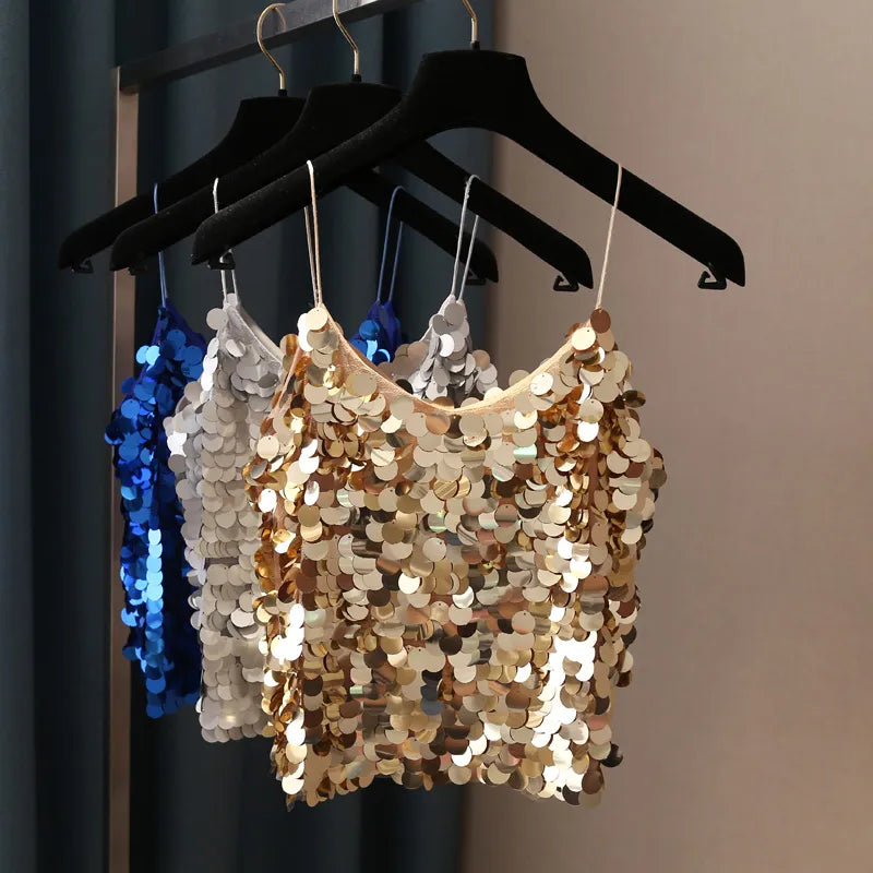 Fashion Women Sequined Tank Top New Sexy V Neck Strap Camis Club Girls Sequin Sleeveless Short Camisole Vest Tops SF792