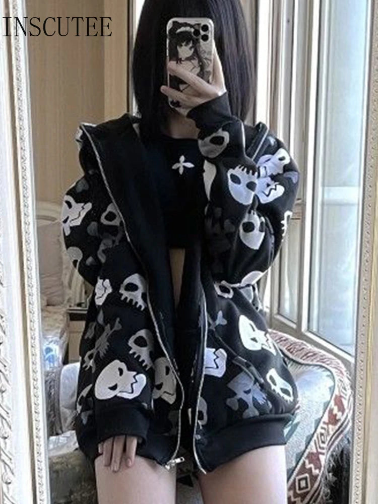 INSCUTEE Harajuku Y2k sudadera de calavera para mujer, gótico oscuro, Cyber ​​Punk, cárdigan de manga larga con cremallera, Sudadera con capucha, ropa de calle, trajes Rave