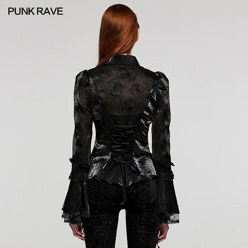 PUNK RAVE Women's LOLITA Patterned Flared Sleeves Shirt Exquisite Gothic Lace Decoration Party Club Black Tops Women Clothing