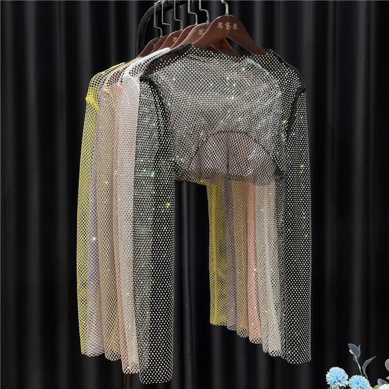 Women Rhinestone Shiny Colorful Y2K Net Drill Is Prevented Bask In Shawls Crystal Long-Sleeve Sexy Party Club Short Crop Top