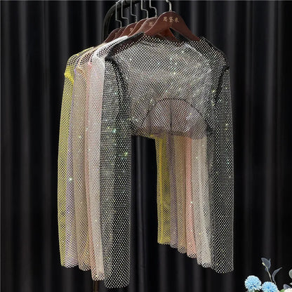 Women Rhinestone Shiny Colorful Y2K Net Drill Is Prevented Bask In Shawls Crystal Long-Sleeve Sexy Party Club Short Crop Top