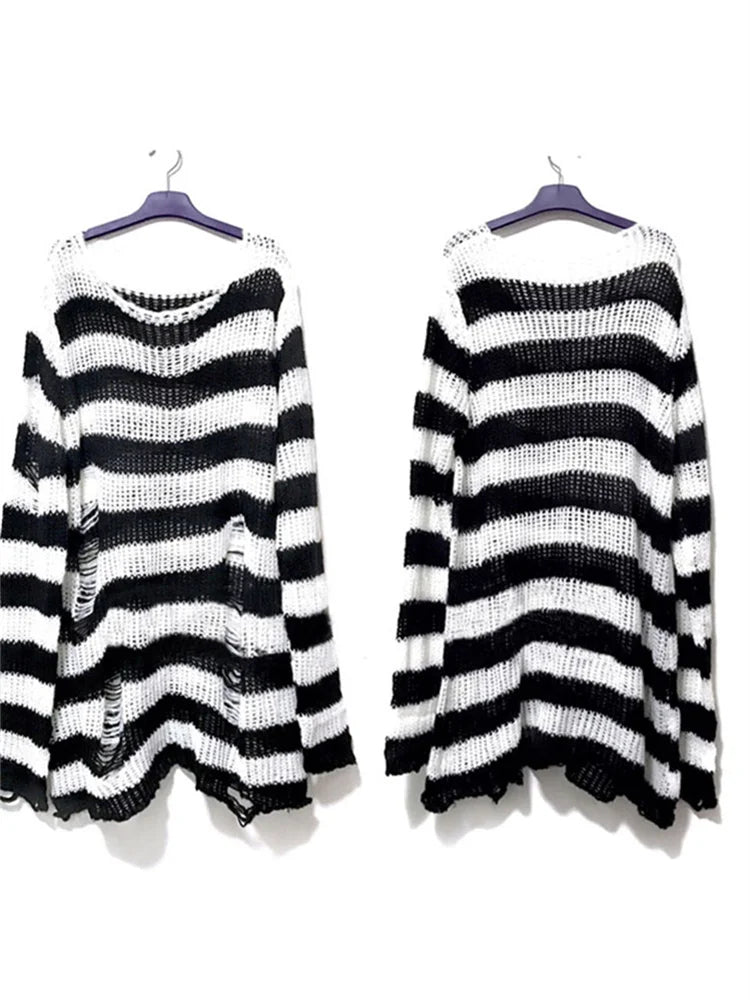 2023 New Harajuku Punk Goth Long Unisex Sweater Women Striped Hollowed Out Hole Broken Jumper Loose Rock Thin Streetwear 90s Top